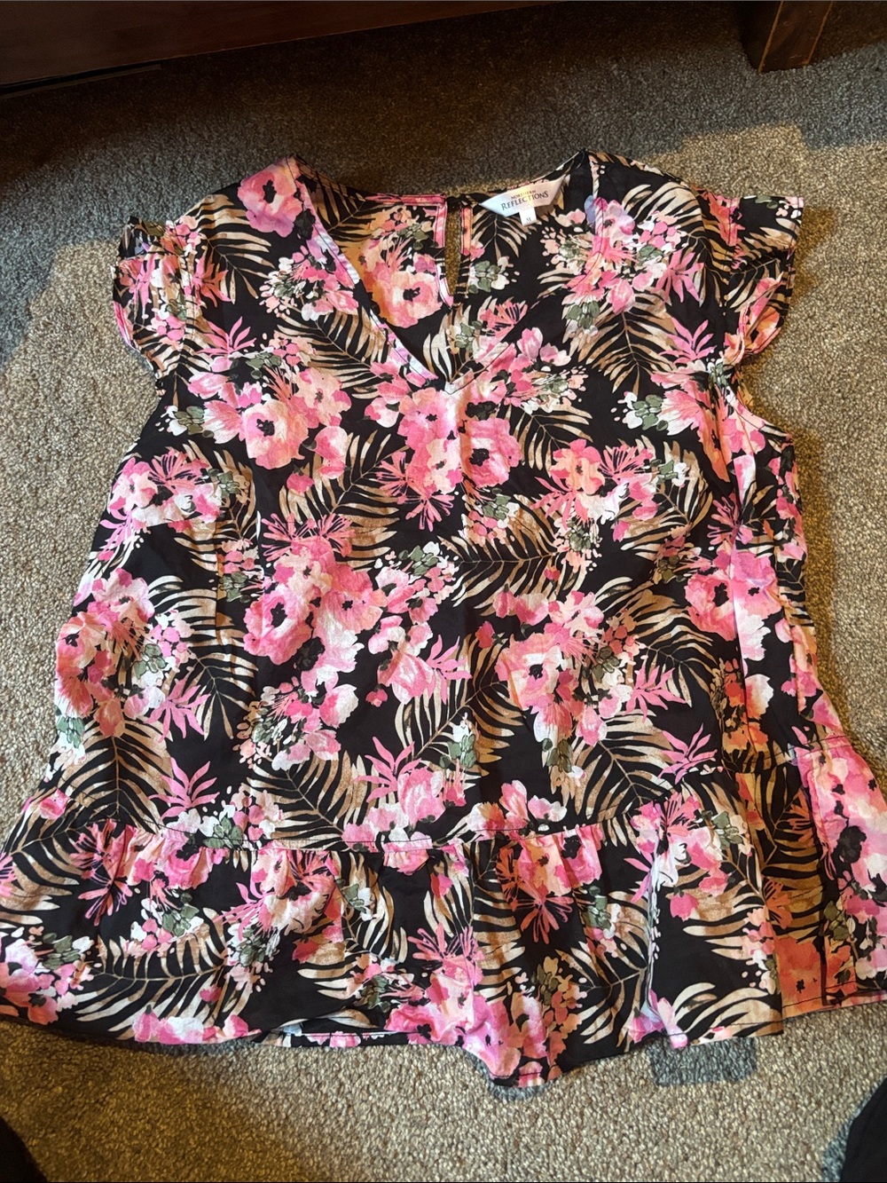 Northern Reflections Black Floral V-Neck Ruffle-Hem Tunic
